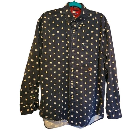 Vintage 90s Tommy Hilfiger Blue Star Pattern Button Down Shirt Nice Fade | M EUC - Picture 5 of 12